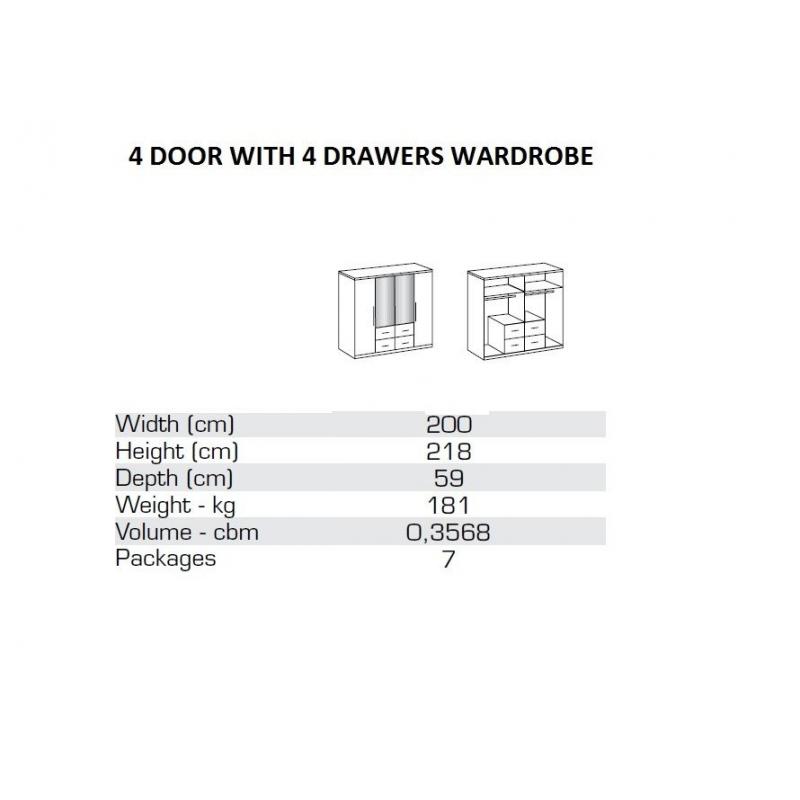 200cm Wide 4 Door With 4 Drawers and 2 mirrors German Wardrobe