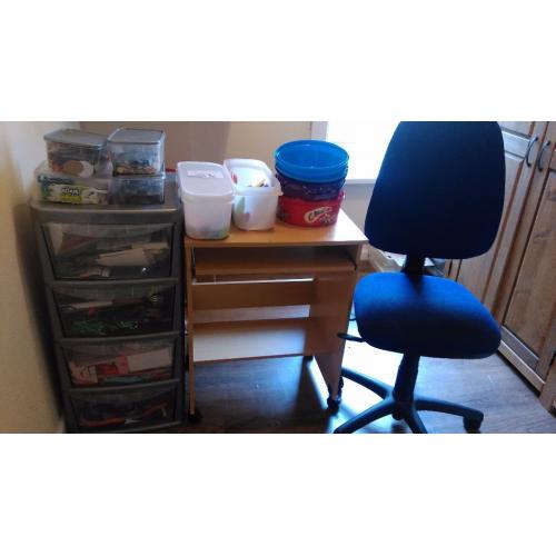 Full craft room set up, desk, chair, draws and a wide variety of crafts