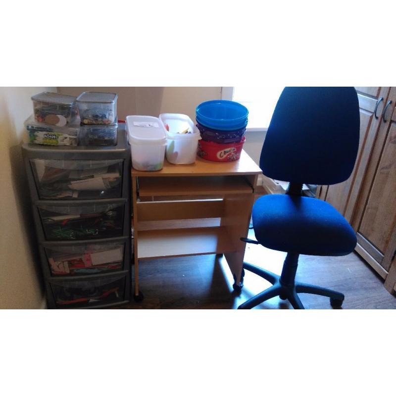 Full craft room set up, desk, chair, draws and a wide variety of crafts