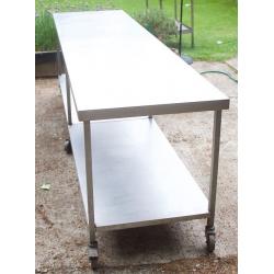 3 Metre Centre Bench Stainless steel on Casters with under shelving - two available