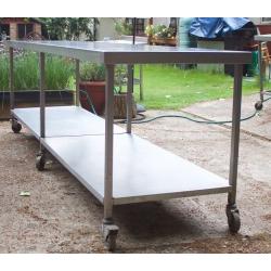 3 Metre Centre Bench Stainless steel on Casters with under shelving - two available