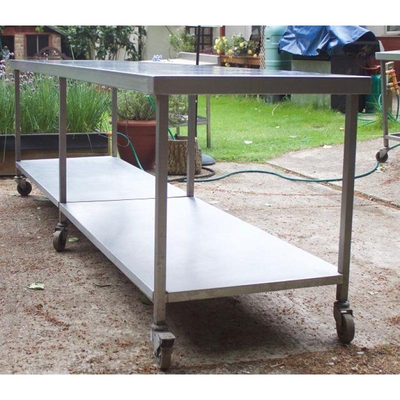 3 Metre Centre Bench Stainless steel on Casters with under shelving - two available
