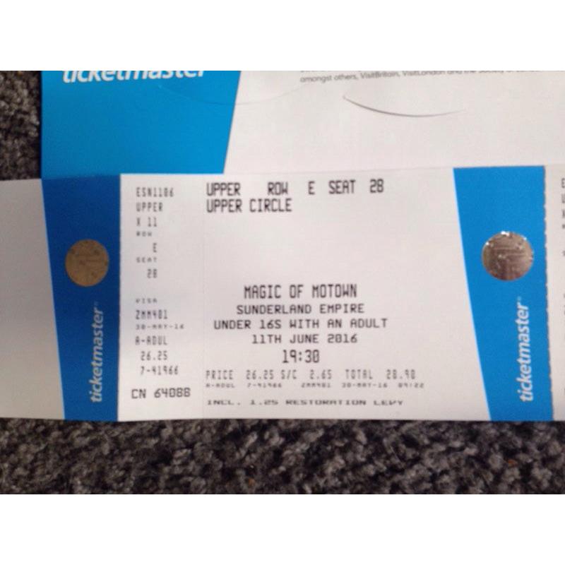 Great Centre Stall Tickets X 2 'Magic Of Motown' Sunderland Empire 11th June 2016