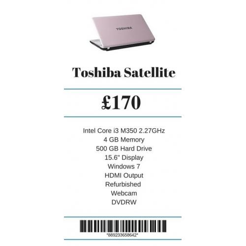 Refurbished Toshiba Satellite Intel Core i3 M350 2.27GHz 4 GB Memory 500 GB Hard Drive 15.6" Display