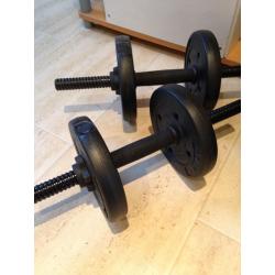 Gym at home equipment - dumbbells, plates - weights - and push up handles