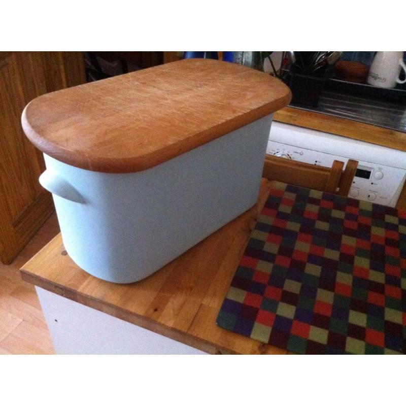 Nigella Lawson Blue Ceramic Bread Bin with Wooden Breadboard Lid