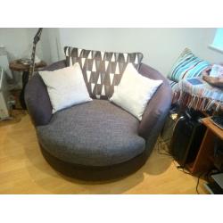 DFS Serena Mocha Brown Large Fabric Swivel Chair & Crescent Pouffe