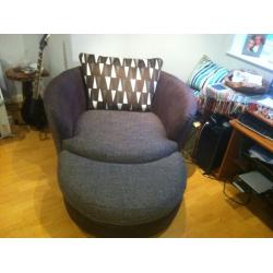 DFS Serena Mocha Brown Large Fabric Swivel Chair & Crescent Pouffe