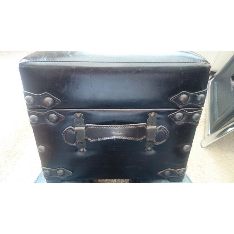 Used Black Faux LEATHER Foot Stool Chest Trunk Ottoman Seat Storage - 1 handle damaged