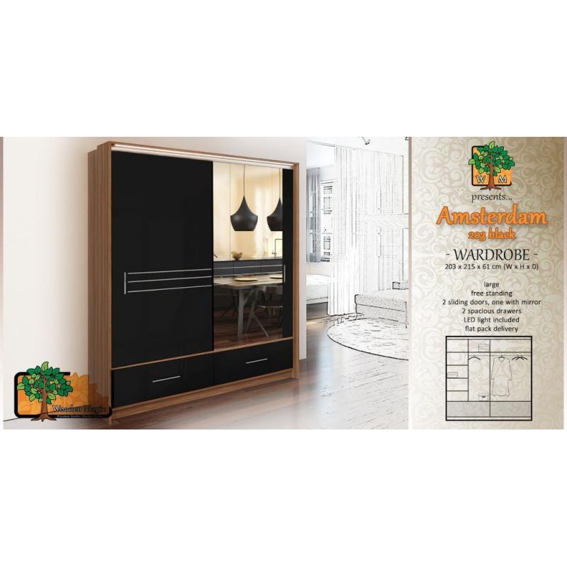 Brand New Sliding Door Wardrobe AMSTERDAM BLACK 203cm / 80in, delivery available