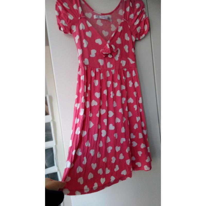 Zara pink heart jersey ruched capped short sleeve sleeve dress, size M
