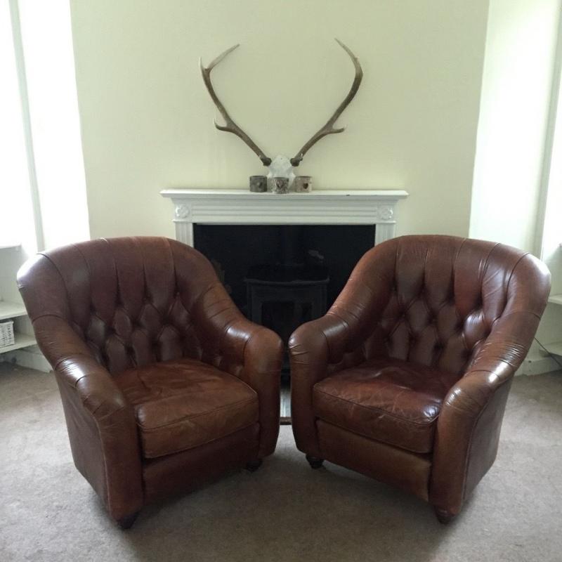 2 LAURA ASHLEY LEATHER ARMCHAIRS ARM TUB CHAIRS