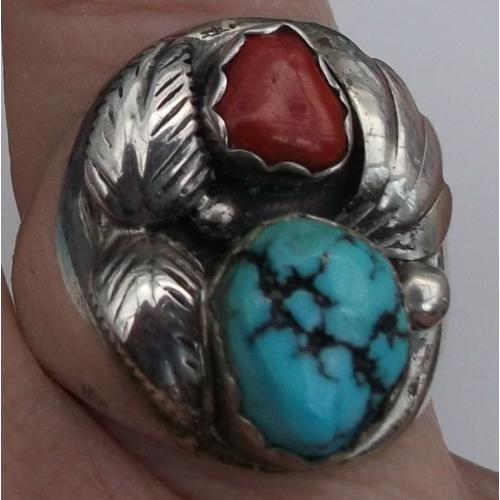 Native American Sterling/Turquoise/Coral Ring