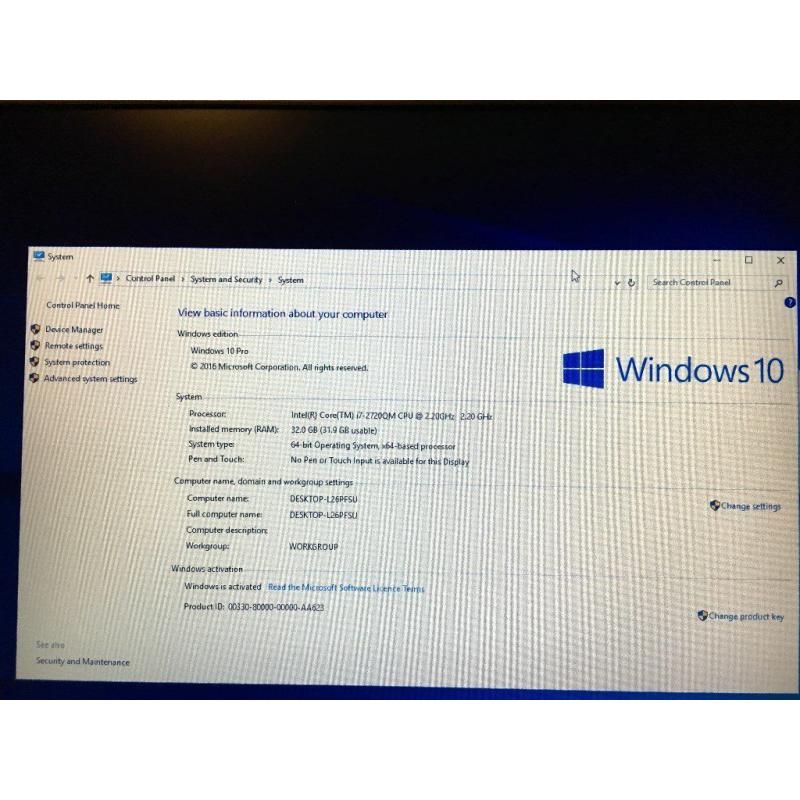 Dell Precision M6600 Laptop, i7-2720QM CPU, 32GB Ram, 256SSD, K3000M 2GB Win 10 Pro