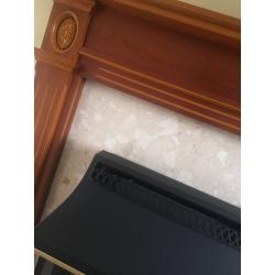 Teak Fire surround with cream marble back plate and marble hearth