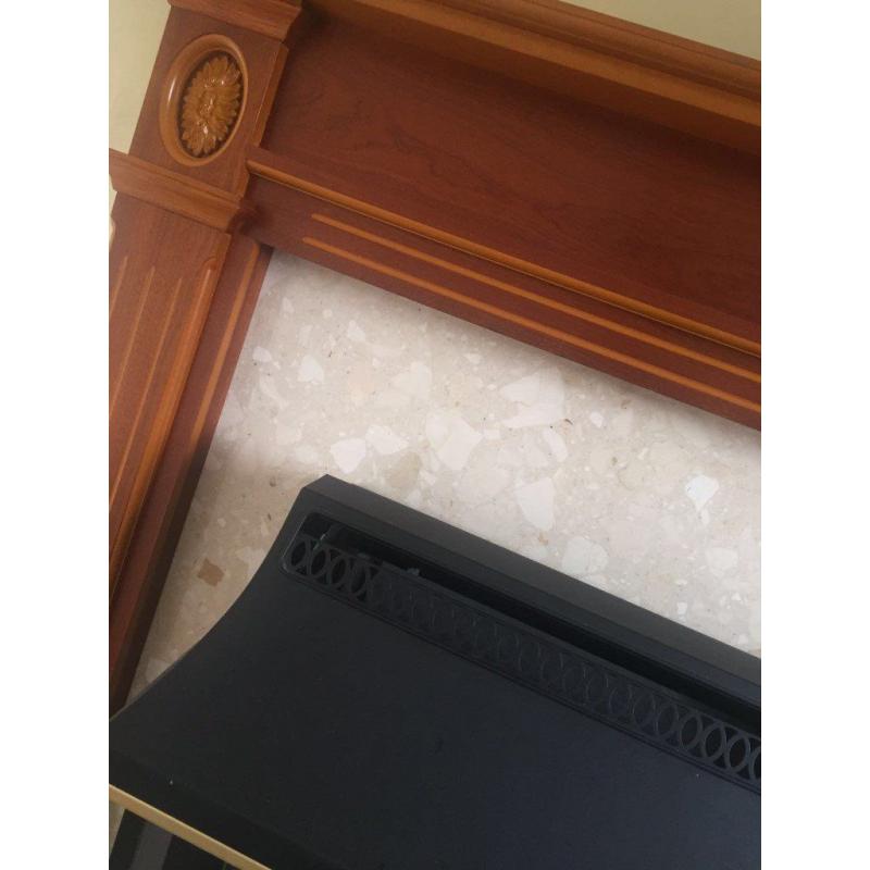 Teak Fire surround with cream marble back plate and marble hearth
