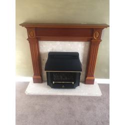 Teak Fire surround with cream marble back plate and marble hearth