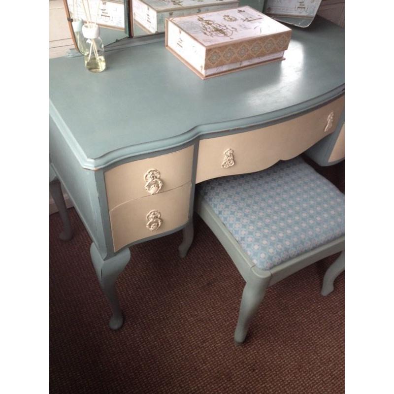 French Louis dressing table with 3 way mirror and newly upholstered stool