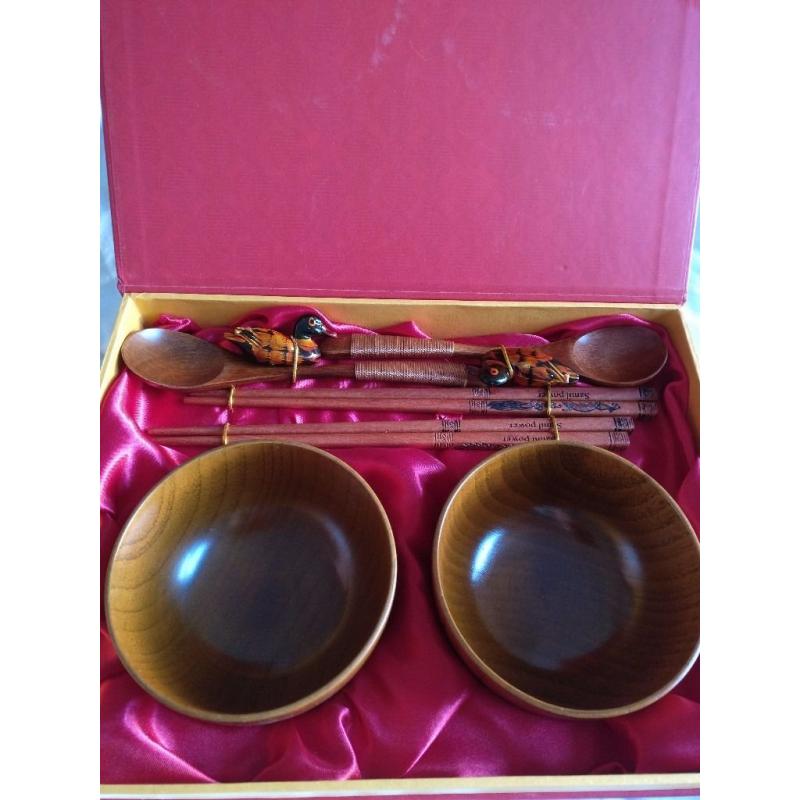 Beautiful Wooden Chinese Rice Bowl,Chop Sticks, Spoons & 2 Ducks in a Red & Gold Box - Perfect Gift
