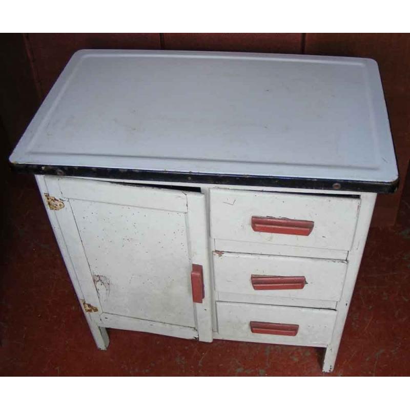 A vintage 1950's kitchen unit with white enamelled metal top. 30" long, 18" wide & 30" high.
