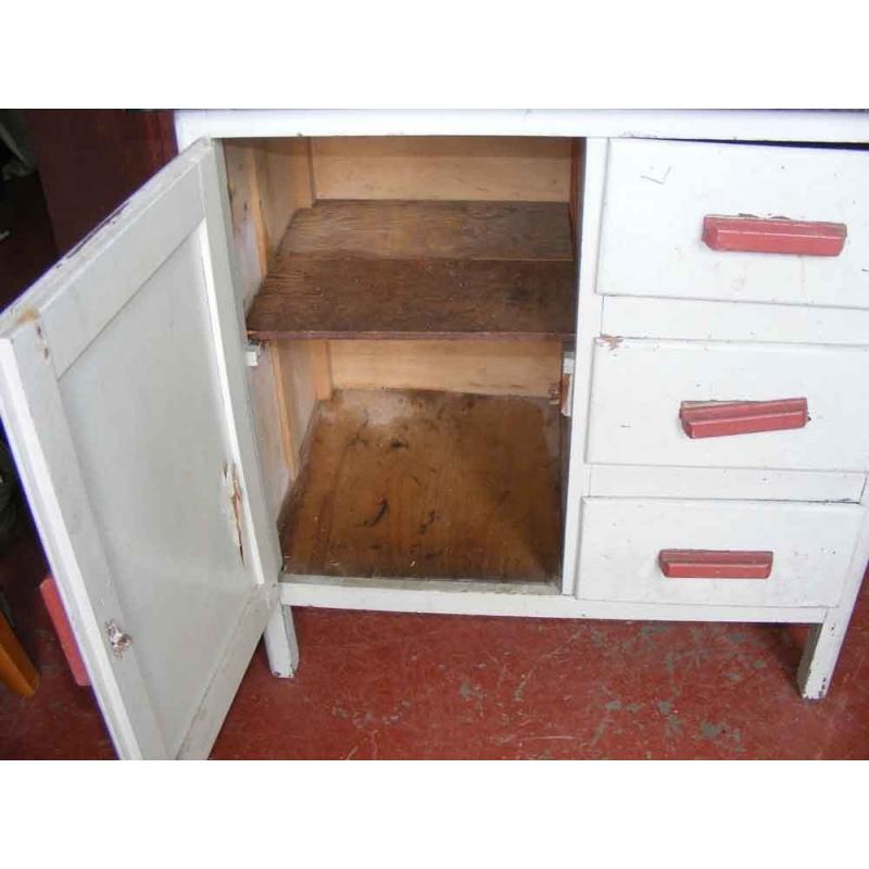 A vintage 1950's kitchen unit with white enamelled metal top. 30" long, 18" wide & 30" high.