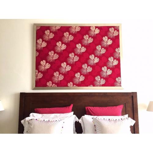 Very large cerise, pink & cream padded fabric framed picture