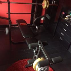 weight bench with bar n dumbells