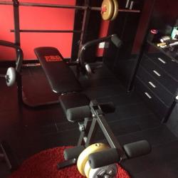 weight bench with bar n dumbells
