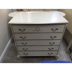 Complete set Shabby chic style mirrored dressing table, wardrobe, chest of drawers & headboard.