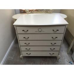 Complete set Shabby chic style mirrored dressing table, wardrobe, chest of drawers & headboard.