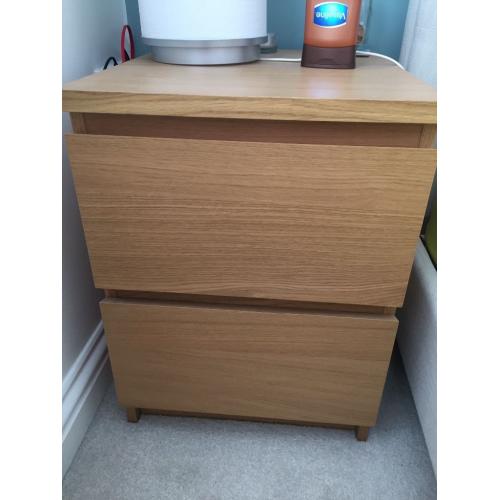 IKEA Malm two drawer bedside table in oak veneer