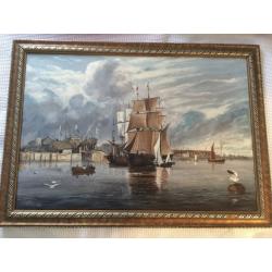 Original Oil Painting Of Tall Ships In Harbour By Ginnell