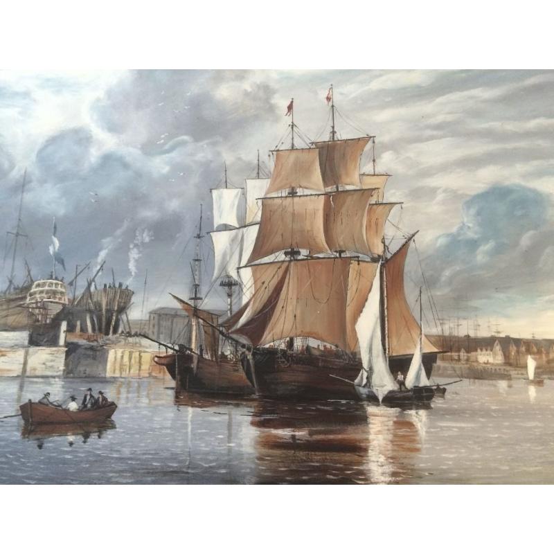 Original Oil Painting Of Tall Ships In Harbour By Ginnell