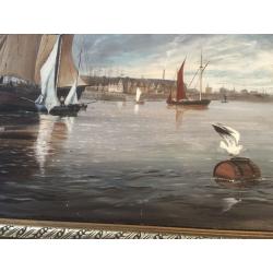 Original Oil Painting Of Tall Ships In Harbour By Ginnell