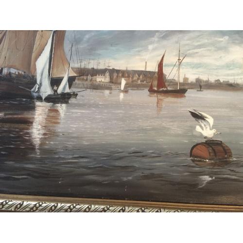 Original Oil Painting Of Tall Ships In Harbour By Ginnell