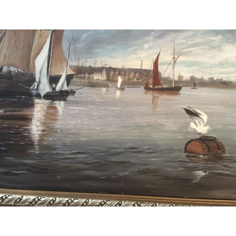 Original Oil Painting Of Tall Ships In Harbour By Ginnell