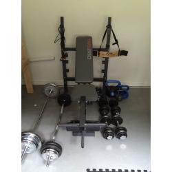 Weight bench, barbell, curl bar, dumbbells, kettlebells, weight lifting equipment, offers considered