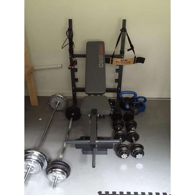 Weight bench, barbell, curl bar, dumbbells, kettlebells, weight lifting equipment, offers considered