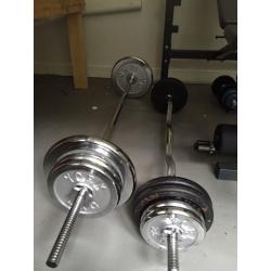 Weight bench, barbell, curl bar, dumbbells, kettlebells, weight lifting equipment, offers considered