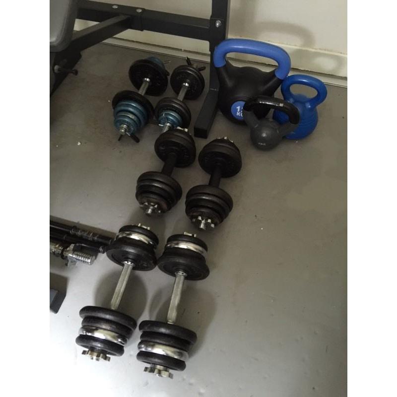 Weight bench, barbell, curl bar, dumbbells, kettlebells, weight lifting equipment, offers considered