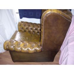VINTAGE HARRODS 1 OWNER 40YR OLD LEATHER CHESTERFIELD WING BACK ARM CLUB FIRESIDE CHAIR GOLDEN BROWN
