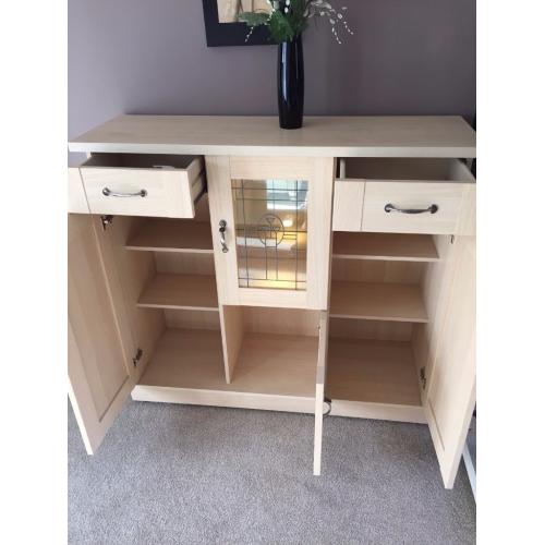 Dorchester Maple display side cabinet with storage and light plus etched glass