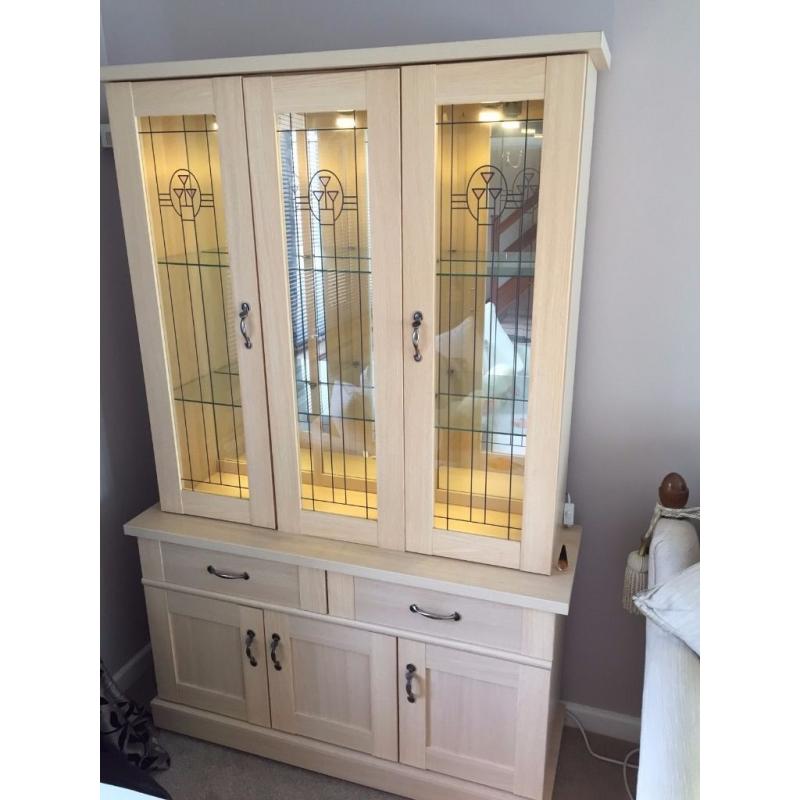 Dorchester Maple Large display cabinet with storage cupboard, light & etched glass
