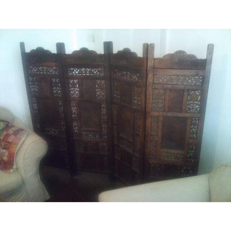 Wooden Foldable Divider Screen Room Partion With 4 Natural Wood Paravents