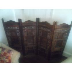 Wooden Foldable Divider Screen Room Partion With 4 Natural Wood Paravents