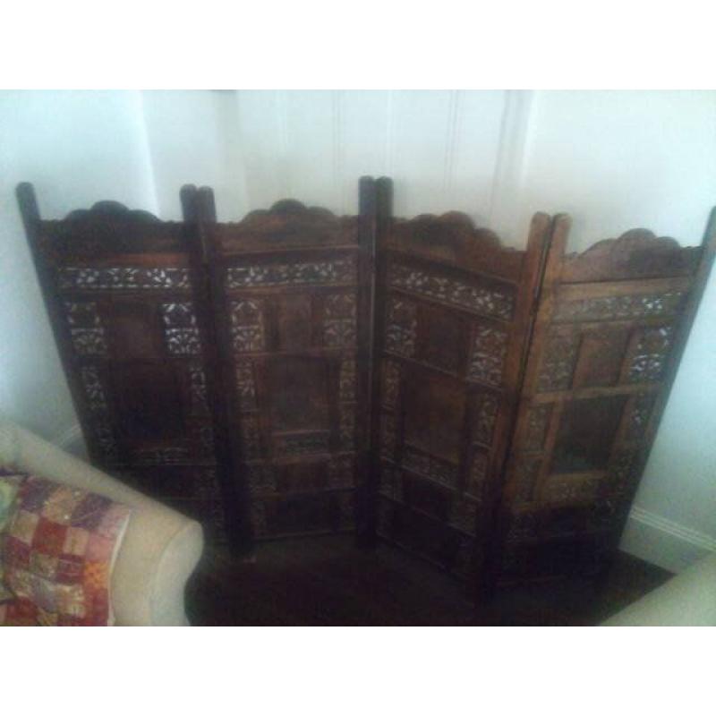 Wooden Foldable Divider Screen Room Partion With 4 Natural Wood Paravents
