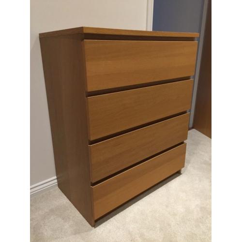 Ikea 4 draw malm, oak. In very good condition