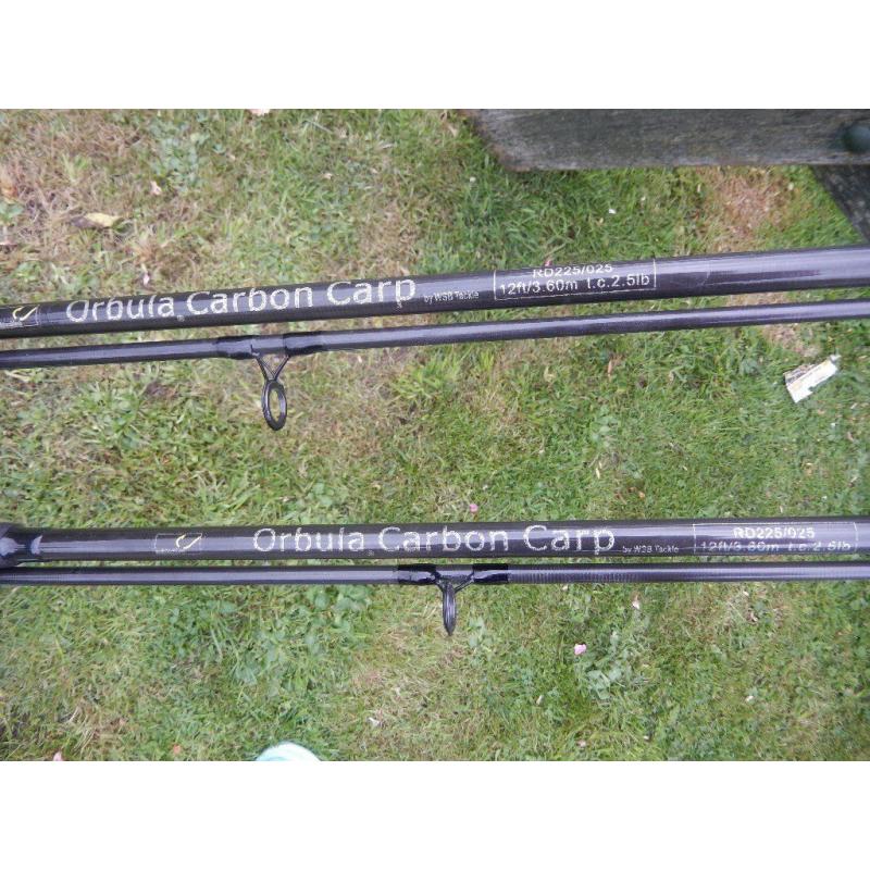 3 x ORBULA carbon carp fishing rods - 12 foot long - good condition- will sell singly