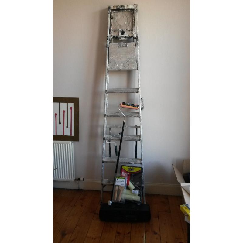 Painter's stepladder (2.25m) with painting tools and big boombox radio/CD player