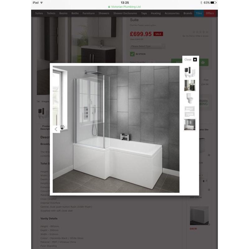 L-shaped bath with shower screen and front oanel